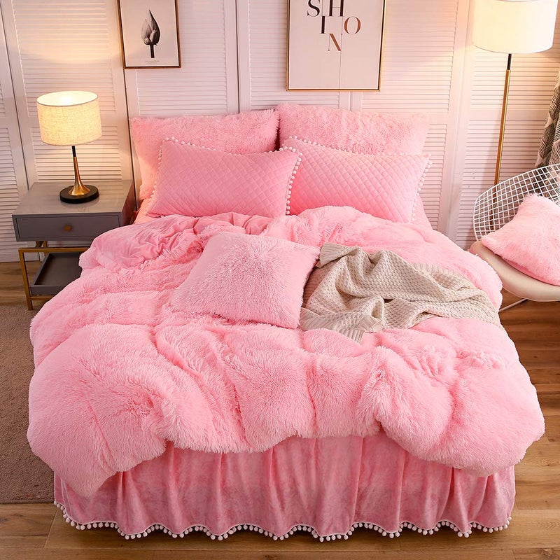 LIFEREVO Luxury Plush Shaggy Duvet Cover Set, Soft Velvet Fluffy Furry Duvet Cover Set(1 Faux Fur Fuzzy Comforter Cover + 2 Pom Poms Pillowcases) Solid Bedding Set, Zipper Closure(Full/Queen, Pink) - Image 1